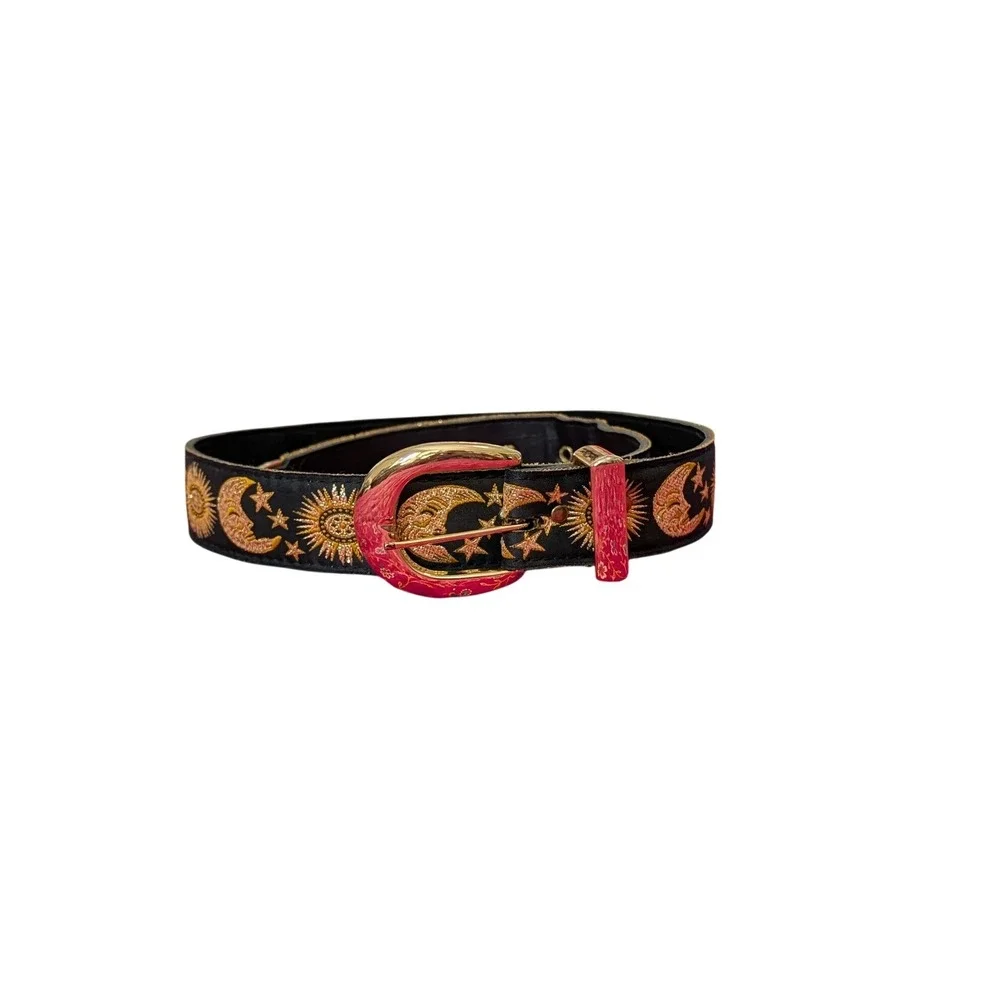 VTG Celestial Sun Moon Stars Embroidered Belt Western Boho Whimsigoth Black Gold